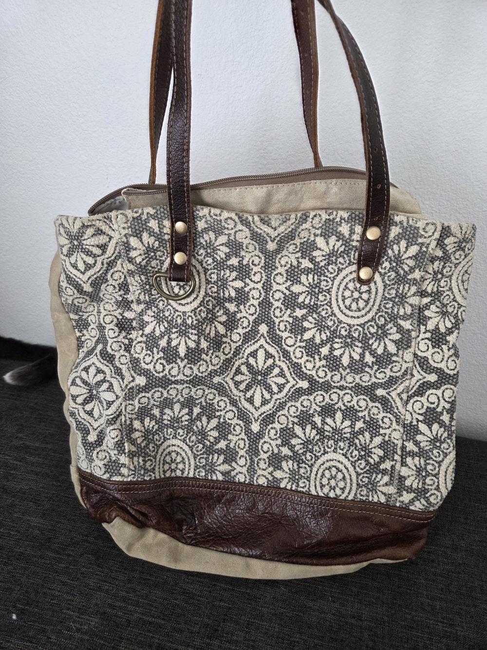 Myra Bag Beige and Brown Patterned Canvas Tote